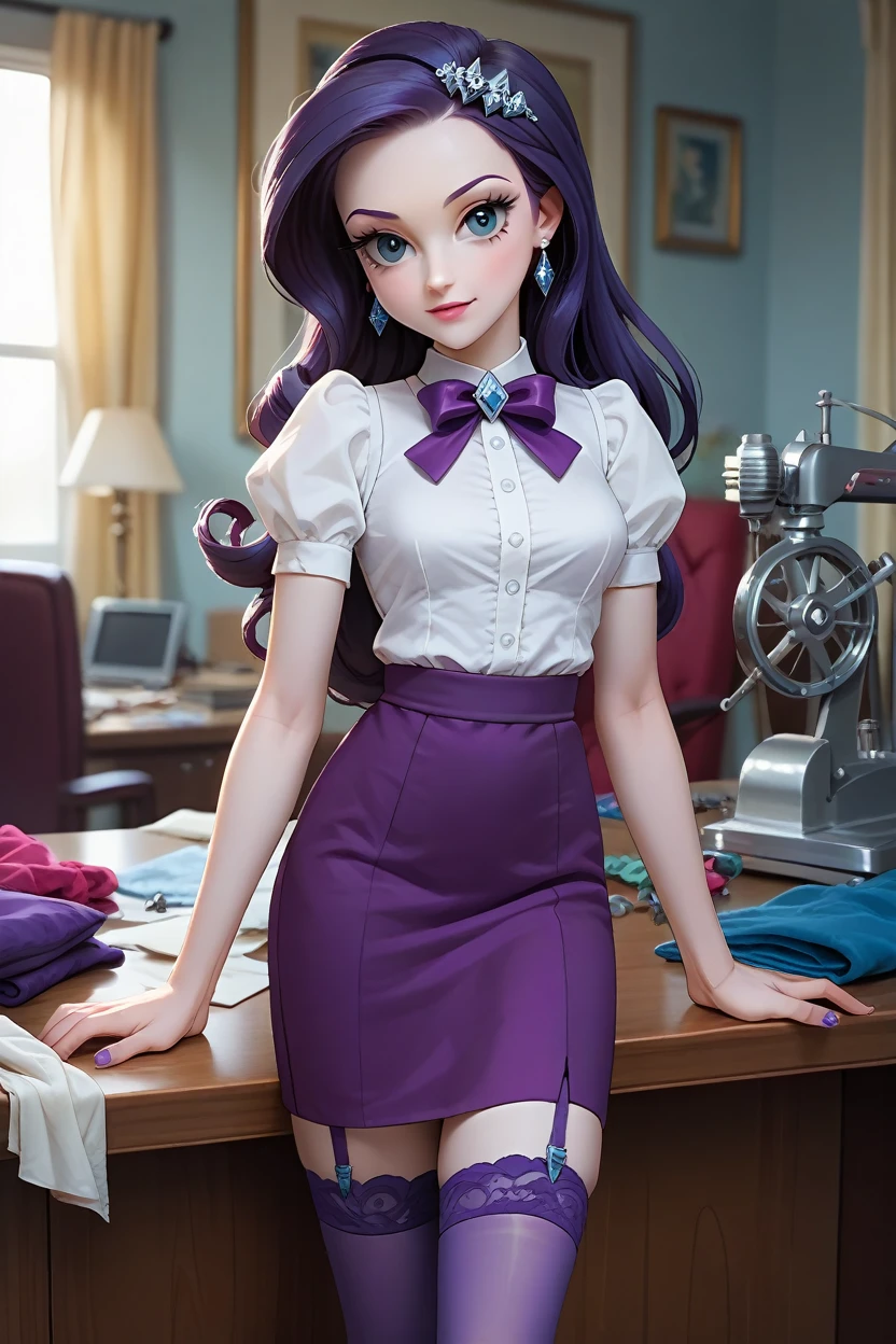 Rarity from the movie "Mlp equestria girls", seductive look, elegant white blouse, long purple skirt, purple thigh-high stockings, garter belt in each stocking, in a room with sewing clothes,  looking at the viewer, white skin.