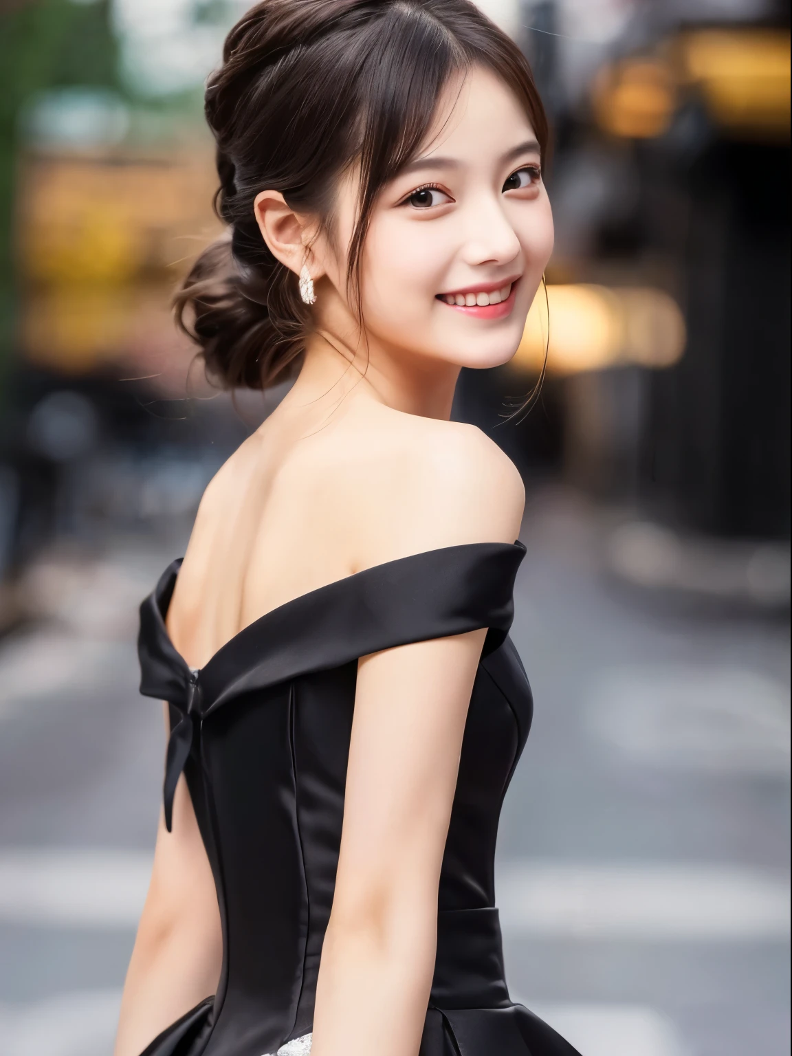 (8k, Top quality, Masterpiece:1.2), (Realistic, photo-realistic:1.37), Super detailed, perfect anatomy, cute, small eyes, 1, a Japanese, girl, black formal dress, slim legs, off shoulder, smile,