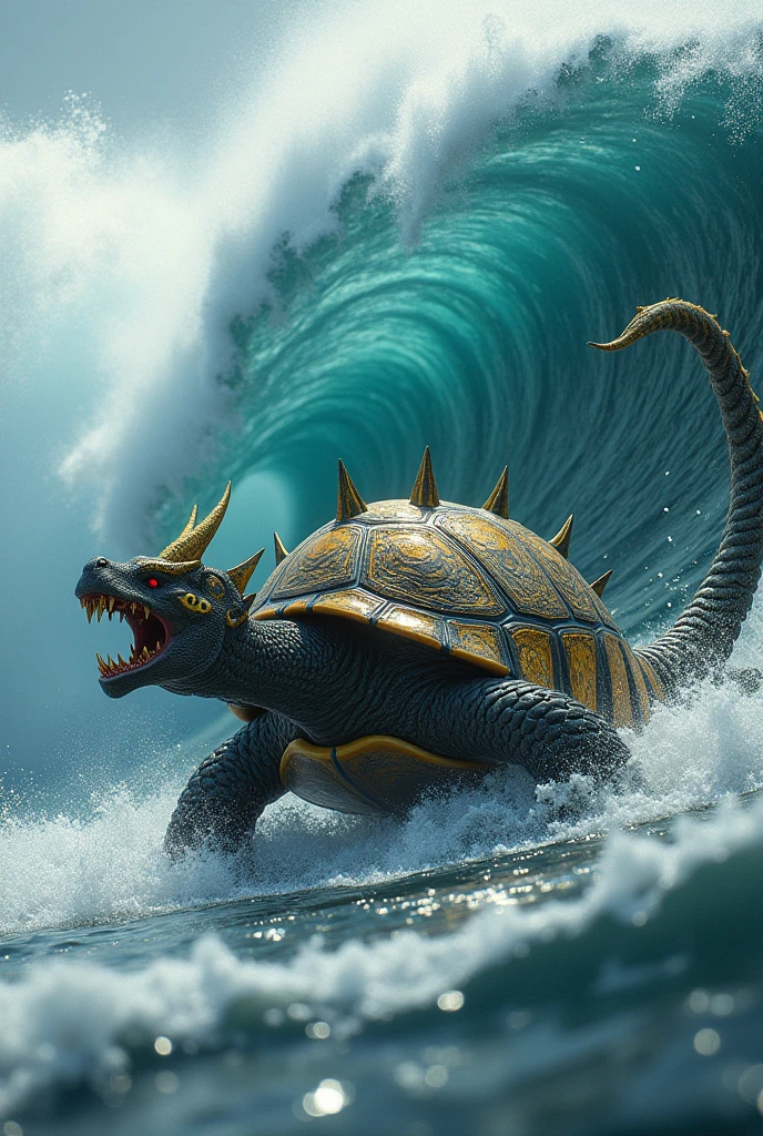 Dragon Turtle，Dragon's Head、Snake&#39;s Tail、Tortoise back，Giant Wave，detailed，Ultra-fine，Ultra-photorealism，Ultra-realistic，Masterpieces，8K wind resolution，OC Renderer，Golden Dragon,god々Shii