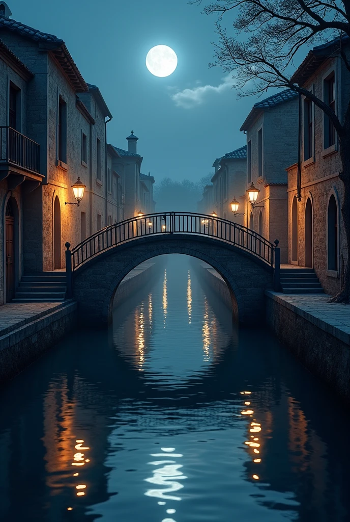 Design: A serene canal lined with old buildings, their reflections shimmering in the water under the moonlight. The canal is crossed by an arched bridge, softly lit by lanterns. The calm water and the quiet night create a peaceful, almost magical atmosphere.