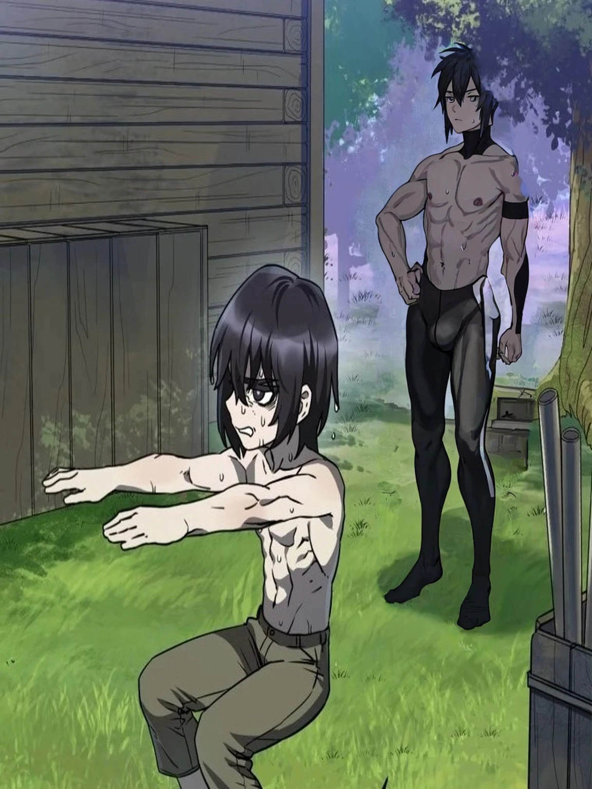 deletete coverd part, 1anime boy, 8k,training posture, in sweat, black hair's 