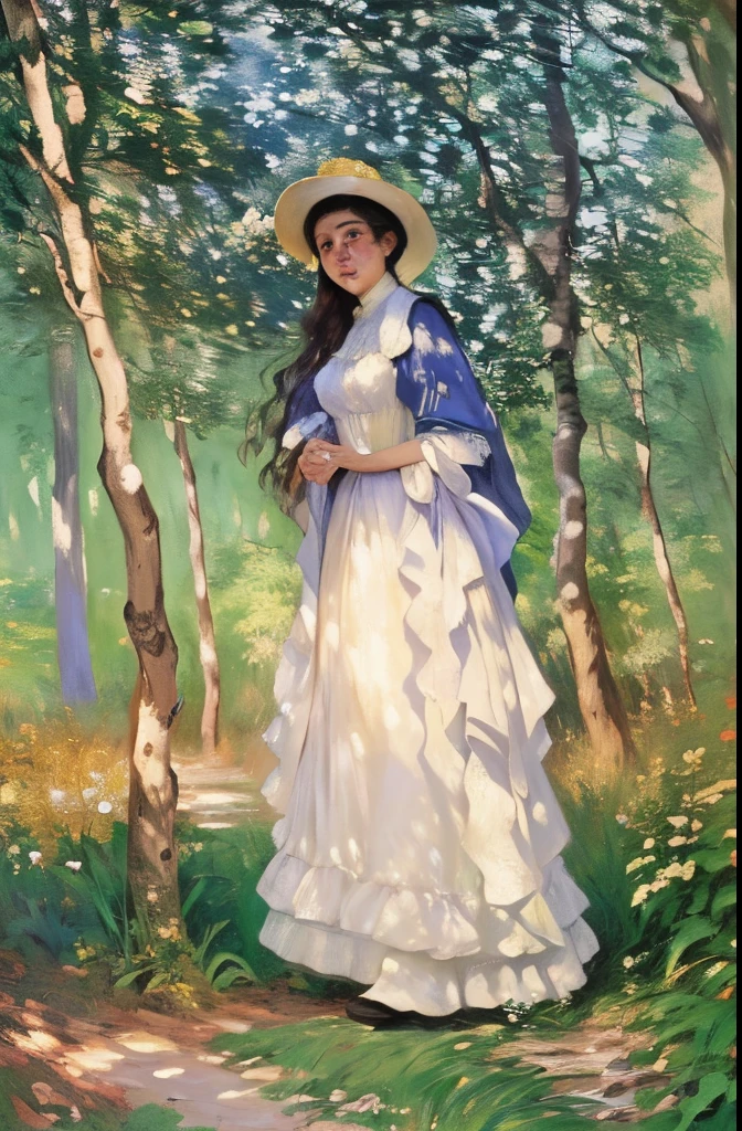 Painting of a woman in a white dress and hat in the woods, Blanche Ochedet Monet, Monet&#39;s Style, inspired Blanche Ochedet Monet, Standing with a parasol, Inspired by George Gardner Symons, Inspired by Emme Barrow, Inspired by Col Melchers, Claude Monet), Impressionist painting, in the garden