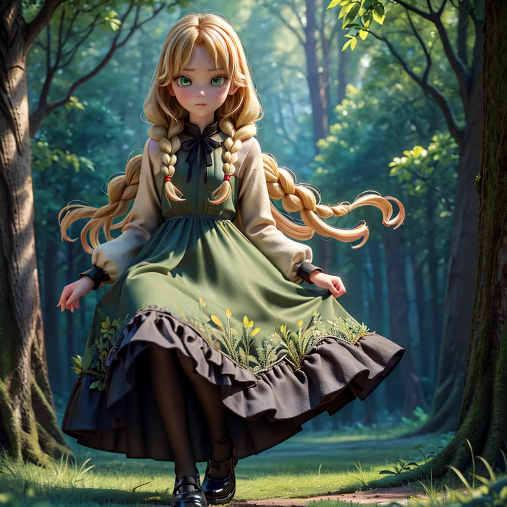 whole body、dress、pantyhose、Black footwear、Blonde、Loose braids、Beautiful Face、Green Eyes、Forest Background、(masterpiece:1.2)、Highest quality、Confused、Highly detailed wallpaper、Perfect lighting、(黒とのdress、length)sleeve:1.1)