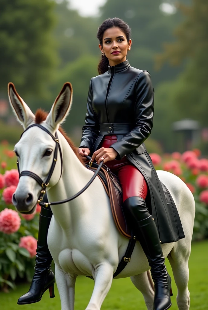 A beautiful smart Indian Police Commissioner Bride is riding a white donkey in a wedding garden. She is well dressed in leather dark red suit pant , black leather collar up coat & black leather plain thigh high heeled boots . She is whipping a dog with a whip . Focus on facial expressions & thigh boots .