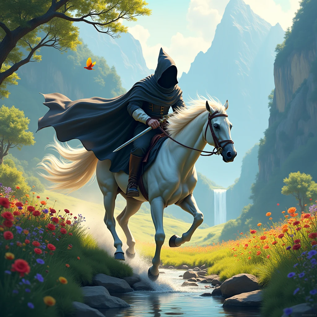**Central Figure: Cabuliwala on a White Horse**
- **Positioning**: The Cabuliwala should be shown riding the pure white horse at full speed across the scene. The horse’s tail and mane should be flowing dynamically to emphasize the motion. The Cabuliwala's black cloak with white accents should be designed to flow naturally with the movement of the horse, making sure the head and face are entirely obscured by the hood. The sword should be prominently displayed, either in hand or sheathed at the side, to ensure it’s not missed in the image.
**Background Elements:**
- **Road**: Illustrate a narrow, uneven path with scattered stones or gravel to highlight the rugged terrain.
- **Vegetation**: Include trees with vibrant green leaves and a variety of blooming flowers in red, yellow, purple, and blue to create a rich and colorful backdrop.
- **Stream**: Show a clear stream with visible rocks underwater and gentle ripples to add a sense of tranquility.
- **Field**: The vast green field should have tall grass and wildflowers to enhance the sense of open space.
- **Mountains and Waterfall**: Depict majestic mountains with a cascading waterfall, emphasizing the dynamic movement of the water and a misty base for depth.
**Additional Details:**
- **Birds**: Add small, colorful lovebirds either flying or perched on branches to add liveliness.
- **Lighting and Atmosphere**: Use soft, golden light to create a serene, magical atmosphere. Shadows should enhance the depth of the scene.
- **Color Palette**: Ensure a harmonious color scheme with high contrast between the black and white cloak of the Cabuliwala and the vibrant colors of the background.
**Special Note**: Make sure the horse is shown galloping through the field with its tail and mane dramatically flowing in the wind. The Cabuliwala's cloak should flow in harmony with the horse’s movement. The sword should be clearly visible, ensuring it stands out against the dynamic background.