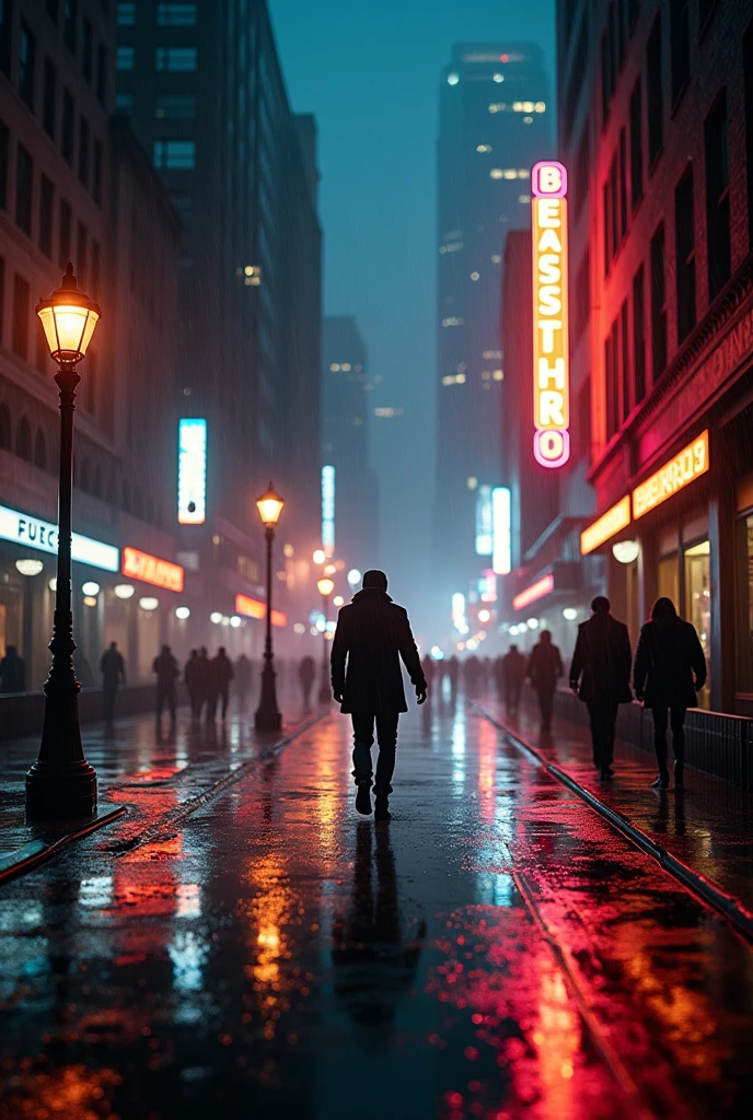 Design: A city street on a rainy night, with reflections of neon signs and streetlights shimmering on the wet pavement. The rain adds a layer of texture, with raindrops caught in the light, creating a dynamic yet calming scene that feels both intimate and expansive