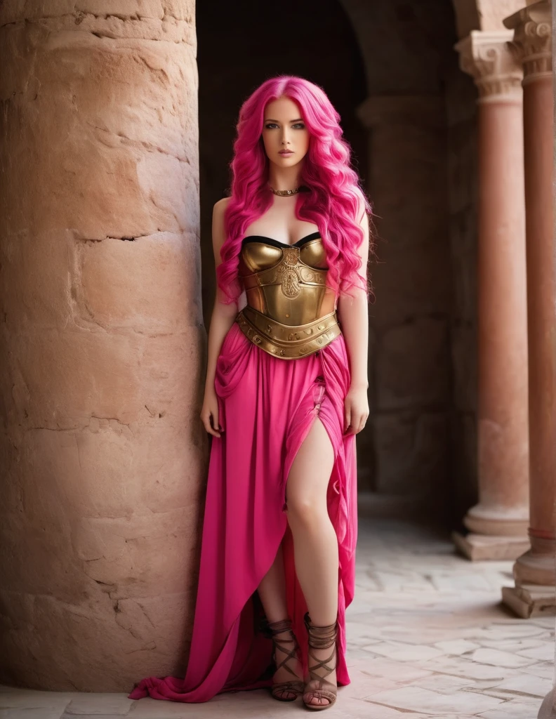 very attractive girl with long wavy bright pink hair, dressed as a Roman slave, full length, photo quality