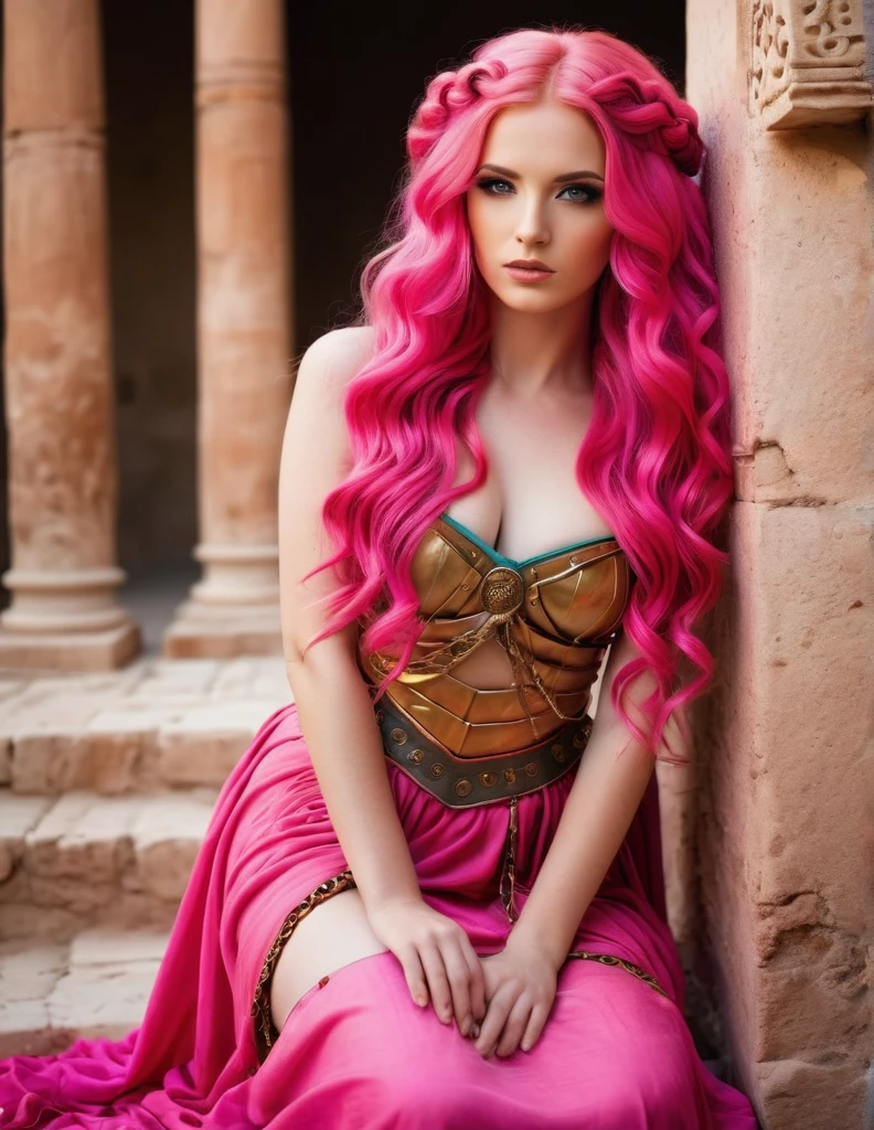 very attractive girl with long wavy bright pink hair, dressed as a Roman slave, full length, photo quality