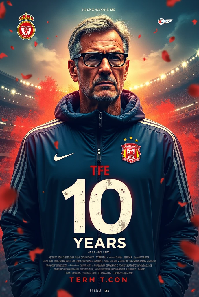 Okay I want you to create a poster of me celebrating 10 years anniversary of being a coach in my master league mode. And in those 10 years I've coached many teams such as real Madrid, Barcelona, Porto, benfica, Man U, man city, Liverpool, Bayern, Dortmund, Lyon, Talleres de Cordoba, Colo Colo, Intermilan, Juventus and so. I've coached national teams such as Brazil, Japan, Ghana and France. I've coached multiple World Best Player award winners. I've won many league titles, league cups and league Supercups. Also won the UCL 6 times, UEFA Supercup 1 time, FIFA club world cup 1 time, Copa Libertadores one time and 7 times coach of the year. Also won the AFCON, AFC Cup, UEFA Euro and FIFA World Cup twice. You can use my image or use any imaginary image buh be black with glasses. If there's anything just tell me