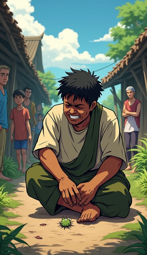In a similar village setting, Moha is shown sitting on the ground, wincing in pain as he holds his foot where a thorn has pierced his skin. His face reflects discomfort and regret. Nearby, villagers pass by, some looking concerned, but most ignoring him due to his past behavior. The mood is tense, with the lush surroundings now feeling distant.
