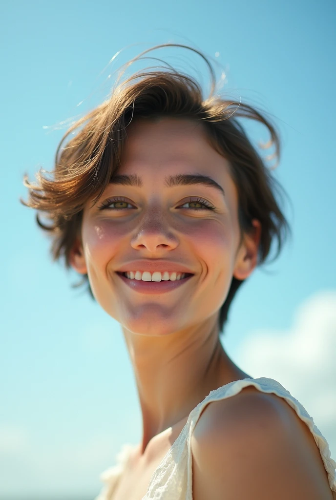 4k Beautiful woman Short hair Smiling In the style of documentary photography Soft natural skin Fujicolor c200 Dreamy closeup of a woman in the blue sky. Bright diffused light.