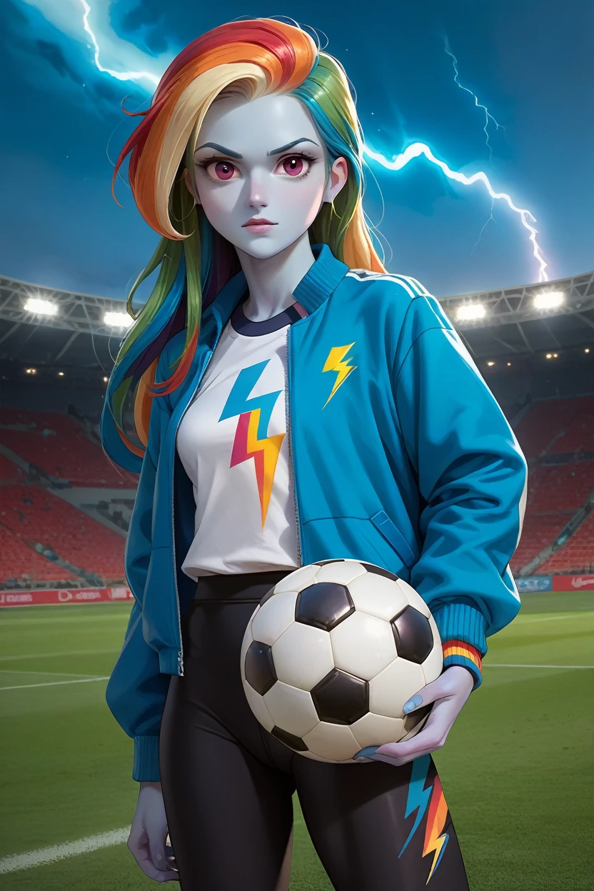 Rainbow Dash from the movie "Mlp equestria girls", Long hair, seductive look, white blouse with a lightning bolt, blue jacket, on a soccer field, black sports leggings, holding a ball, looking at the viewer, blue skin.