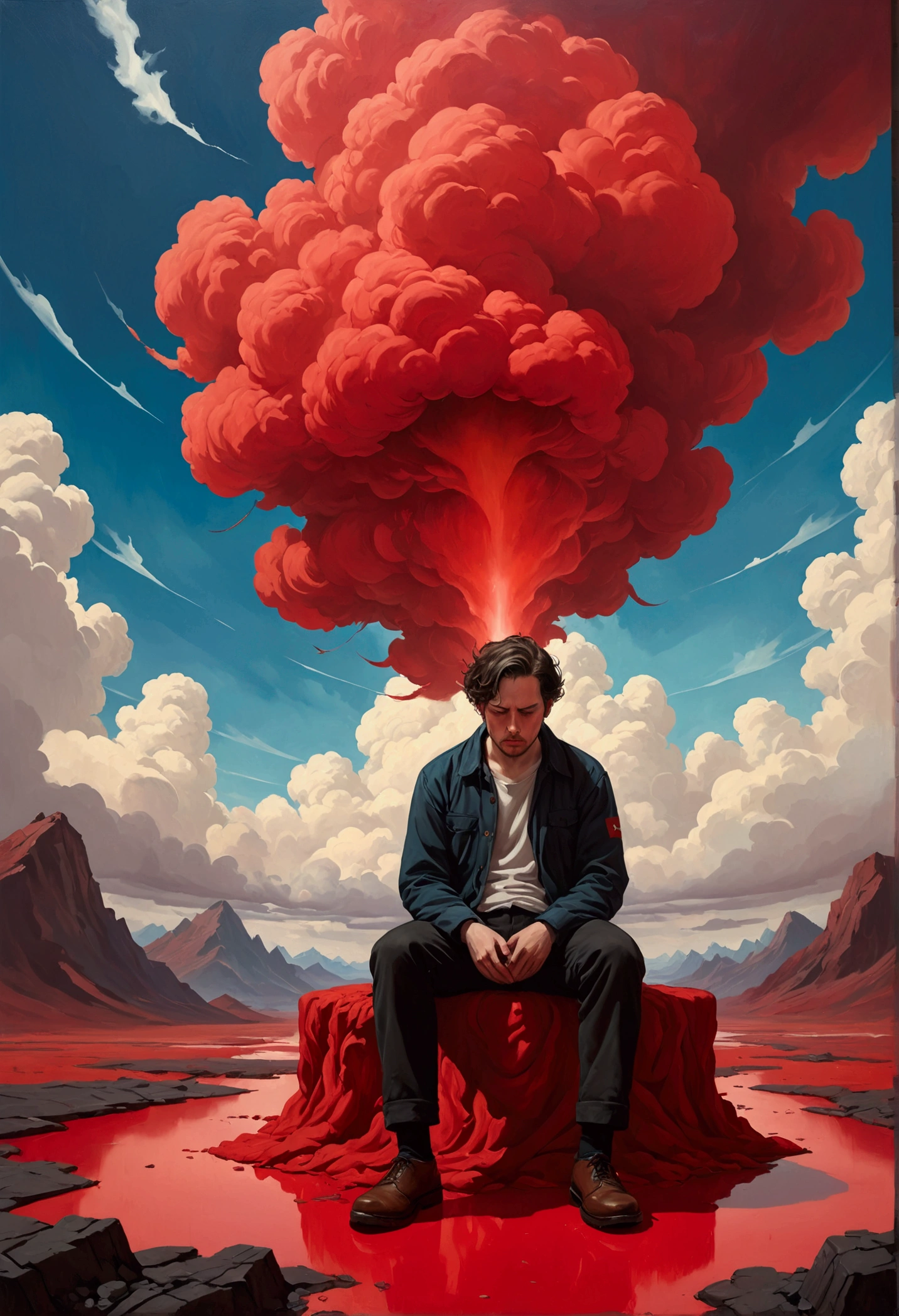 A man sitting on a red surface,A painting with a huge red cloud on it, Melancholic Art, Bastian Lekuf - Deham, Trapped in my consciousness, Sad Emotional Painting, Highly conceptualized figurative art, Bastien Le Guff de Ham, Emotional surreal art, inspired author:Sam Spratt, overload, author:Sam Spratt, Jeff Soto's Style