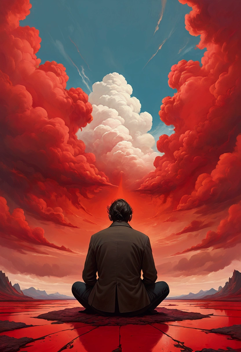 A man sitting on a red surface,A painting with a huge red cloud on it, Melancholic Art, Bastian Lekuf - Deham, Trapped in my consciousness, Sad Emotional Painting, Highly conceptualized figurative art, Bastien Le Guff de Ham, Emotional surreal art, inspired author:Sam Spratt, overload, author:Sam Spratt, Jeff Soto's Style