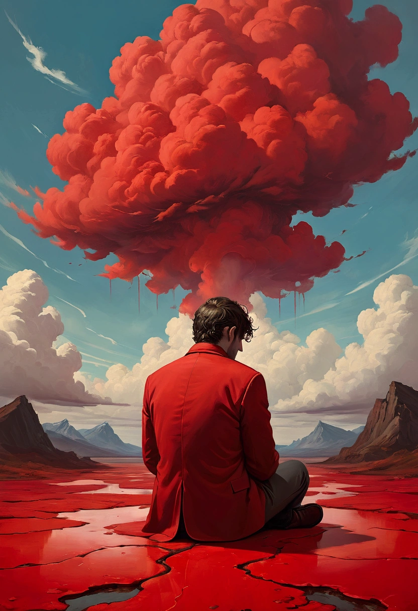 A man sitting on a red surface，A painting with a huge red cloud on it, Melancholic Art, Bastian Lekuf - Deham, Trapped in my consciousness, Sad Emotional Painting, Highly conceptualized figurative art, Bastien Le Guff de Ham, Emotional surreal art, inspired author：Sam Spratt, overload, author：Sam Spratt, Jeff Soto&#39;s Style