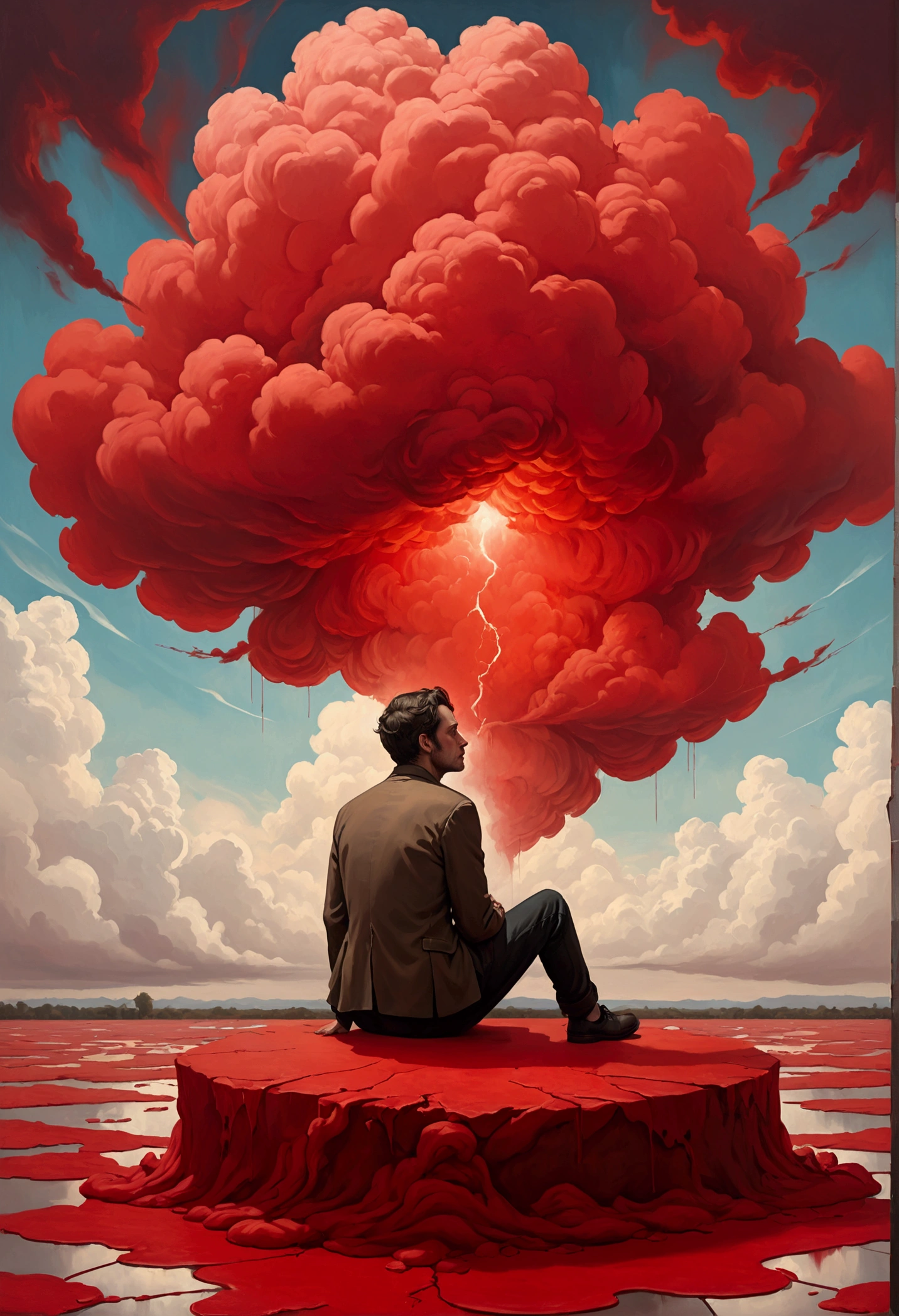 A man sitting on a red surface,Painting with a huge red cloud on top, Surrealism inspired by Sam Spratt, Unsplash, Figurative Art, Melancholic Art, Bastian Lekuf - Deham, Trapped in my consciousness, Sad Emotional Painting, highly conceptual Figurative Art, Bastien Le Guff de Ham, Emotional surreal art, overload