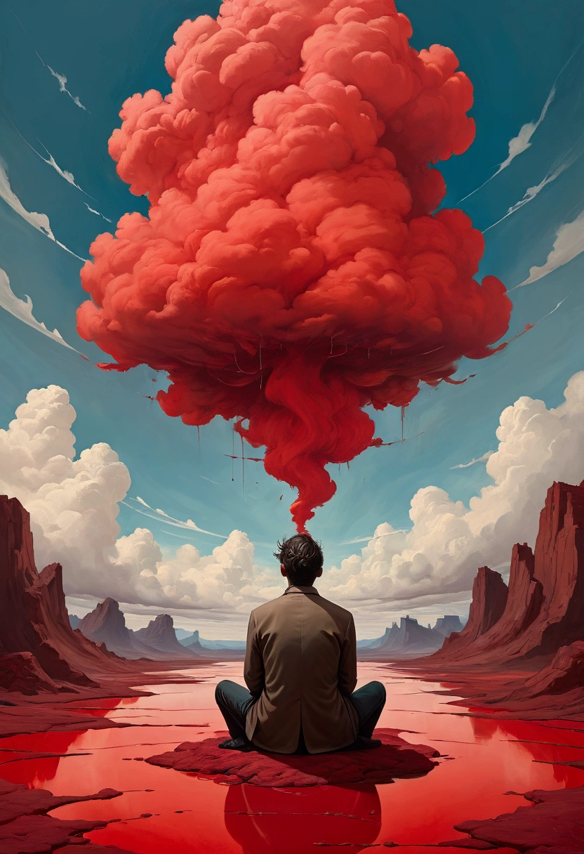 A man sitting on a red surface,Painting with a huge red cloud on top, Surrealism inspired by Sam Spratt, Unsplash, Figurative Art, Melancholic Art, Bastian Lekuf - Deham, Trapped in my consciousness, Sad Emotional Painting, highly conceptual Figurative Art, Bastien Le Guff de Ham, Emotional surreal art, overload