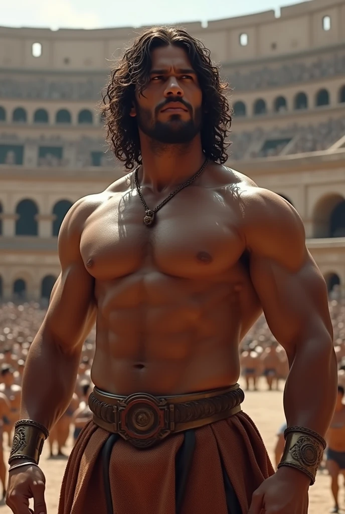 Herculean gladiator, bare chest, lower body revealed from thighs to feet, long curls cascading, meticulous muscle definition, photorealistic portrayal, 4K quality. Background: Colosseum in ancient Rome,32k uhd, best quality, masterpiece, super detail, high details