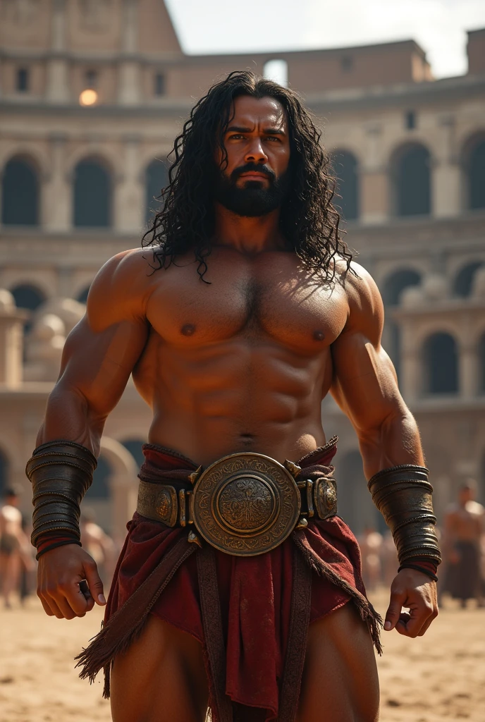 Herculean gladiator, bare chest, lower body revealed from thighs to feet, long curls cascading, meticulous muscle definition, photorealistic portrayal, 4K quality. Background: Colosseum in ancient Rome,32k uhd, best quality, masterpiece, super detail, high details