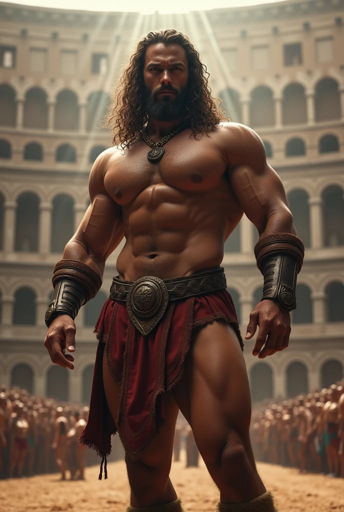 Herculean gladiator, bare chest, lower body revealed from thighs to feet, long curls cascading, meticulous muscle definition, photorealistic portrayal, 4K quality. Background: Colosseum in ancient Rome,32k uhd, best quality, masterpiece, super detail, high details