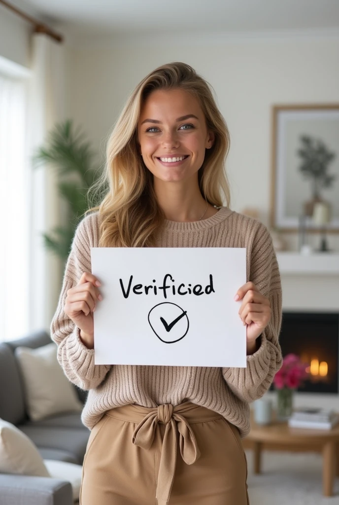 create an influencer,blonde hair,Scandinavian,light eyes,light brown skin,holds up a verification sign that says lora which is handwritten, in her living room