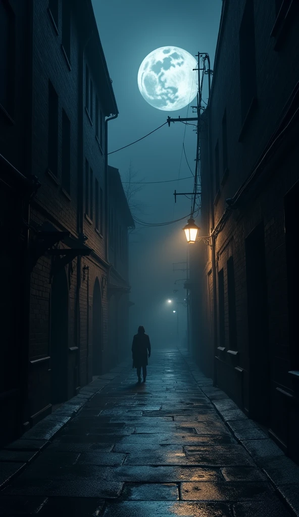 Design: A narrow alleyway bathed in the soft light of a full moon. The buildings on either side cast long shadows, and a single streetlamp flickers faintly. The scene is quiet and mysterious, with the alleyway leading off into the darkness, inviting exploration.