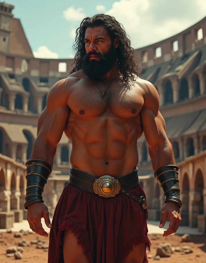 Herculean gladiator, bare chest, lower body revealed from thighs to feet, long curls cascading, meticulous muscle definition, photorealistic portrayal, 4K quality. Background: Colosseum in ancient Rome,32k uhd, best quality, masterpiece, super detail, high details