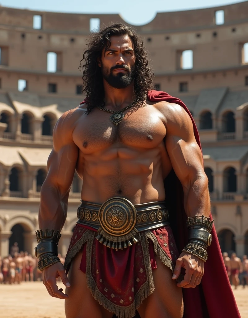 Herculean gladiator, bare chest, lower body revealed from thighs to feet, long curls cascading, meticulous muscle definition, photorealistic portrayal, 4K quality. Background: Colosseum in ancient Rome,32k uhd, best quality, masterpiece, super detail, high details