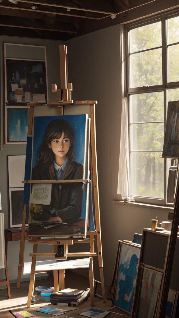 An art studio setting with the painting on an easel, surrounded by scattered notes and sketches. Include subtle shadows and lighting to create an air of secrecy."