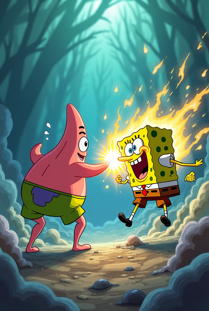 Generate an image of spongebob and patrick fighting like gojo and sukuna