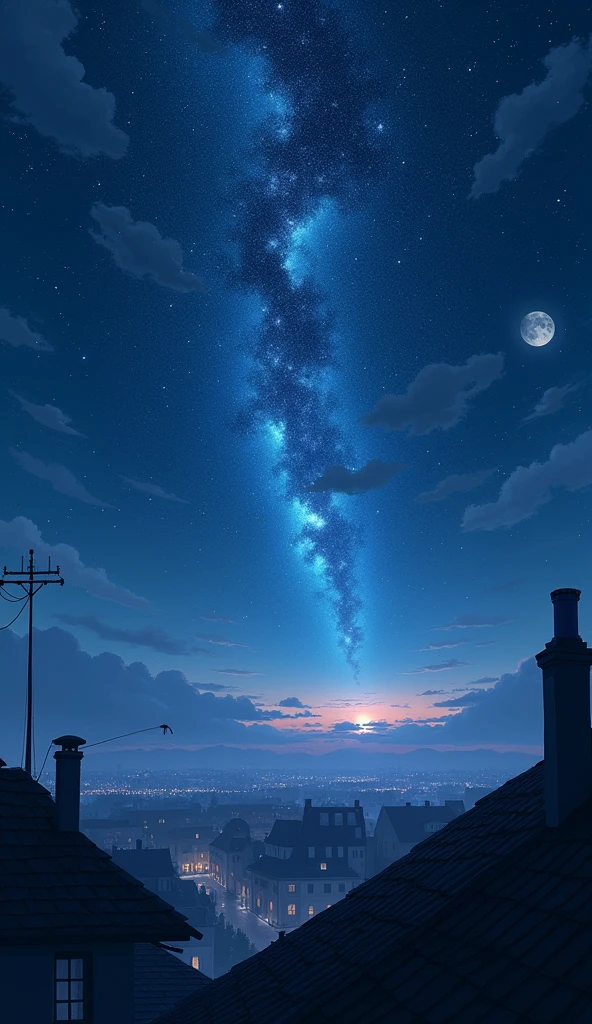 Design: A view from a rooftop overlooking a town at night, with a vast, star-filled sky above. The rooftops are dark silhouettes against the sky, with a few chimneys and antennas adding detail. The stars shine brightly, and a hint of moonlight illuminates the edges of the buildings, creating a serene and expansive atmosphere.