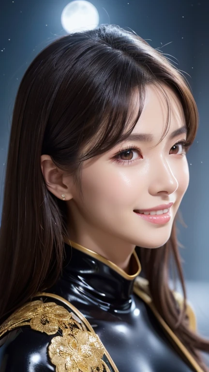 Latex bodysuit、Knee-high boots、Huge 、Long brown hair、Shiny, Oily skin、Glowing Skin、Indoor competition pool、White skin、Upper Body、Close-up of face、The beauty of kimono、The beauty of kimono, Body Portrait, 8k, Narrow and beautiful eyes, Dindal effect, masterpiece, 最high quality, high quality, High resolution, Very detailed photos, (Natural skin texture, Fine skin, Hyperrealism, Ultra Sharpness) , Skin with attention to detail, (Very fine, Fine skin texture, Intricate details, Beautiful Face, (Lively Faces), Realistic eyes, Beautiful and detailed, Realistic Skin, Beautiful Skin, Surreal, Very detailed, Golden Ratio, Smiling Eyes, ((Night moonlight background)), Body Portrait, glamorous, Shiny Bodysuit
