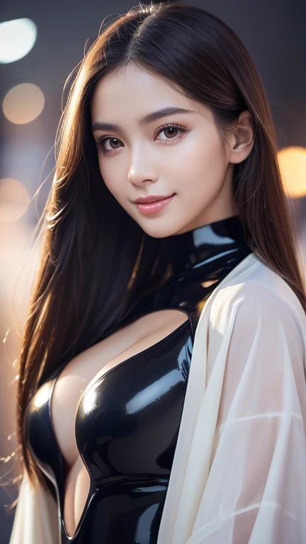 Latex bodysuit、Knee-high boots、Huge 、Long brown hair、Shiny, Oily skin、Glowing Skin、Indoor competition pool、White skin、Upper Body、Close-up of face、The beauty of kimono、The beauty of kimono, Body Portrait, 8k, Narrow and beautiful eyes, Dindal effect, masterpiece, 最high quality, high quality, High resolution, Very detailed photos, (Natural skin texture, Fine skin, Hyperrealism, Ultra Sharpness) , Skin with attention to detail, (Very fine, Fine skin texture, Intricate details, Beautiful Face, (Lively Faces), Realistic eyes, Beautiful and detailed, Realistic Skin, Beautiful Skin, Surreal, Very detailed, Golden Ratio, Smiling Eyes, ((Night moonlight background)), Body Portrait, glamorous, Shiny Bodysuit