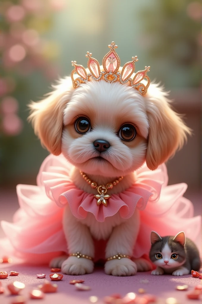 Small pink shih tzu puppy colour ki pink color ki frock pahani Hui wear sar mein taj laga hua hathon mein chudiyan pairon mein sandal gale mein jewellery small cat