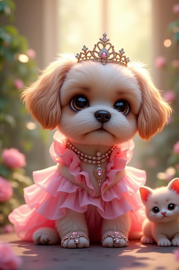 Small pink shih tzu puppy colour ki pink color ki frock pahani Hui  wear sar mein taj laga hua hathon mein chudiyan pairon mein sandal gale mein jewellery small cat