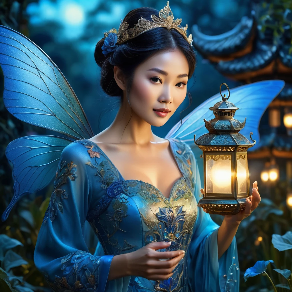 a asian woman, graceful face. as the fairy. flying around at enchanting garden while her hand carrying a lantern emitting blues hue. dreamlike, Very detailed, ornate detail,High Resolution, Best Quality, Anatomically Correct, Backlighting, Digital Art,