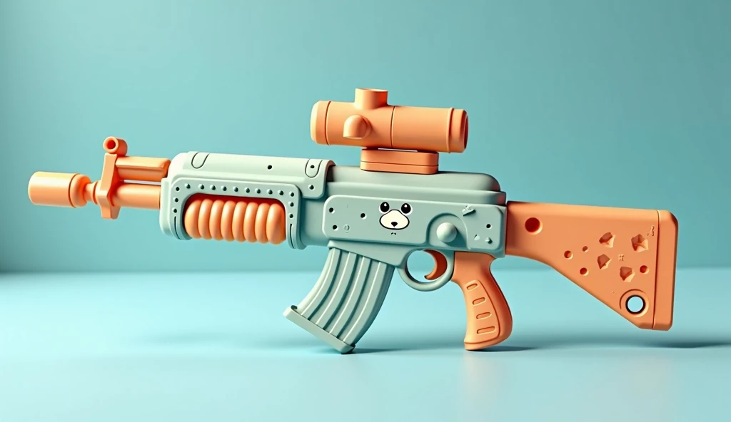 Mini double water gun toy，Integrated rifle mount，Q version，Cute pattern on the surface，Transparent magazine and scope recessed，(Similar structure to AK47)，(Double muzzle:1.3)，Smooth lines，Plastic material，Three-color Morandi color matching，high quality，Professional Product Photography，Table background，3d, OC Rendering，8K，