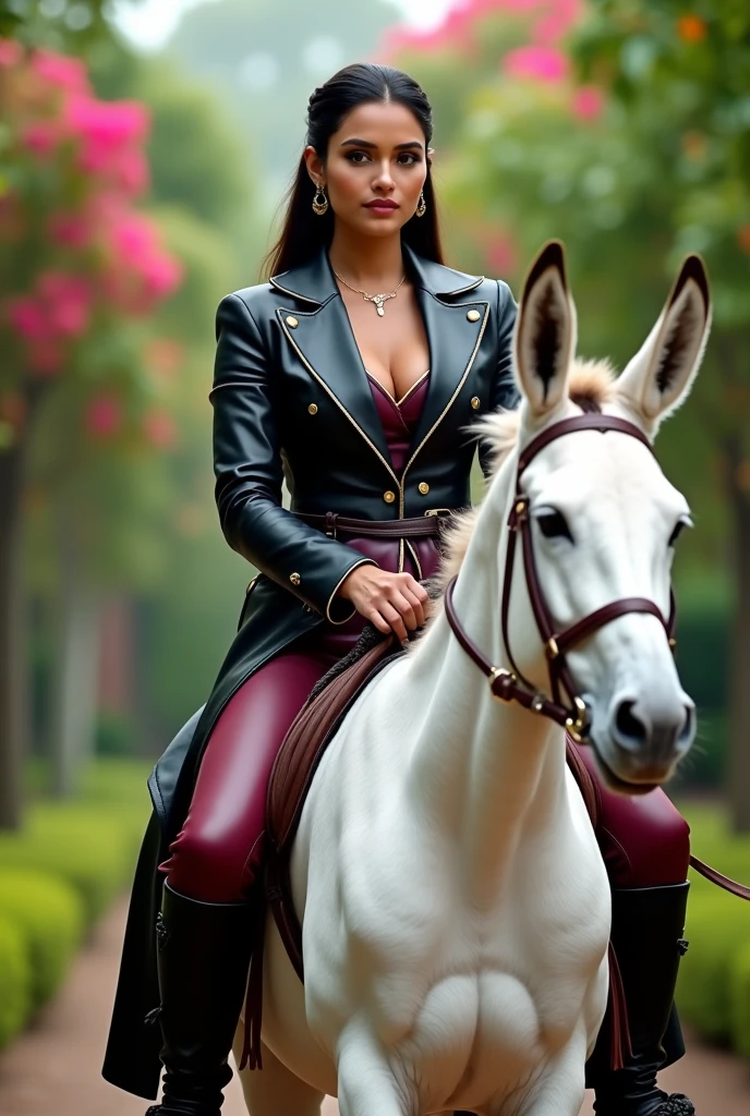 A beautiful smart Indian Police Commissioner Bride is riding a white donkey in a wedding garden. She is well dressed in leather dark red suit pant , black leather collar up coat & black leather plain thigh high heeled boots . She is holding a sharp long leather whip . Focus on facial expressions & thigh boots .