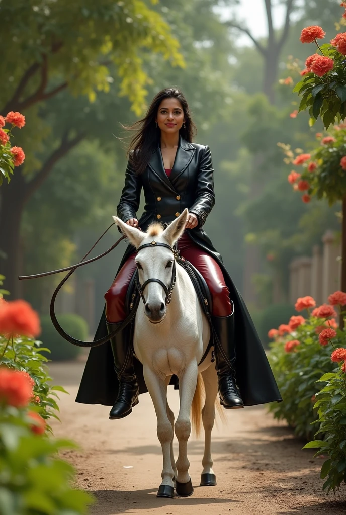 A beautiful smart Indian Police Commissioner Bride is riding a white donkey in a wedding garden. She is well dressed in leather dark red suit pant , black leather collar up coat & black leather plain thigh high heeled boots . She is holding a sharp long leather whip . Focus on facial expressions & thigh boots .