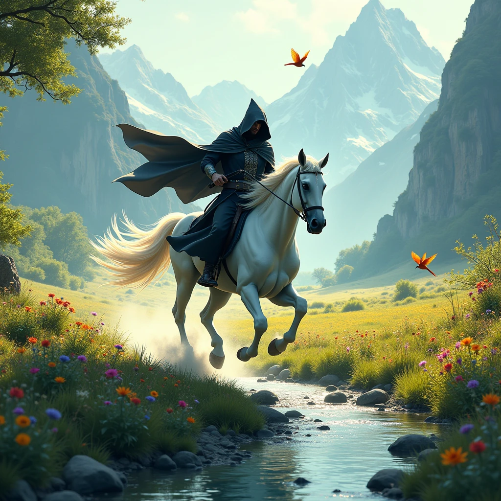 **Central Figure: Cabuliwala on a White Horse**
- **Positioning**: The Cabuliwala should be shown riding the pure white horse at full speed across the scene. The horse’s tail and mane should be flowing dynamically to emphasize the motion. The Cabuliwala's black cloak with white accents should be designed to flow naturally with the movement of the horse, making sure the head and face are entirely obscured by the hood. The sword should be prominently displayed, either in hand or sheathed at the side, to ensure it’s not missed in the image.

**Background Elements:**
- **Road**: Illustrate a narrow, uneven path with scattered stones or gravel to highlight the rugged terrain.
- **Vegetation**: Include trees with vibrant green leaves and a variety of blooming flowers in red, yellow, purple, and blue to create a rich and colorful backdrop.
- **Stream**: Show a clear stream with visible rocks underwater and gentle ripples to add a sense of tranquility.
- **Field**: The vast green field should have tall grass and wildflowers to enhance the sense of open space.
- **Mountains and Waterfall**: Depict majestic mountains with a cascading waterfall, emphasizing the dynamic movement of the water and a misty base for depth.

**Additional Details:**
- **Birds**: Add small, colorful lovebirds either flying or perched on branches to add liveliness.
- **Lighting and Atmosphere**: Use soft, golden light to create a serene, magical atmosphere. Shadows should enhance the depth of the scene.
- **Color Palette**: Ensure a harmonious color scheme with high contrast between the black and white cloak of the Cabuliwala and the vibrant colors of the background.

**Special Note**: Make sure the horse is shown galloping through the field with its tail and mane dramatically flowing in the wind. The Cabuliwala's cloak should flow in harmony with the horse’s movement. The sword should be clearly visible, ensuring it stands out against the dynamic background.
