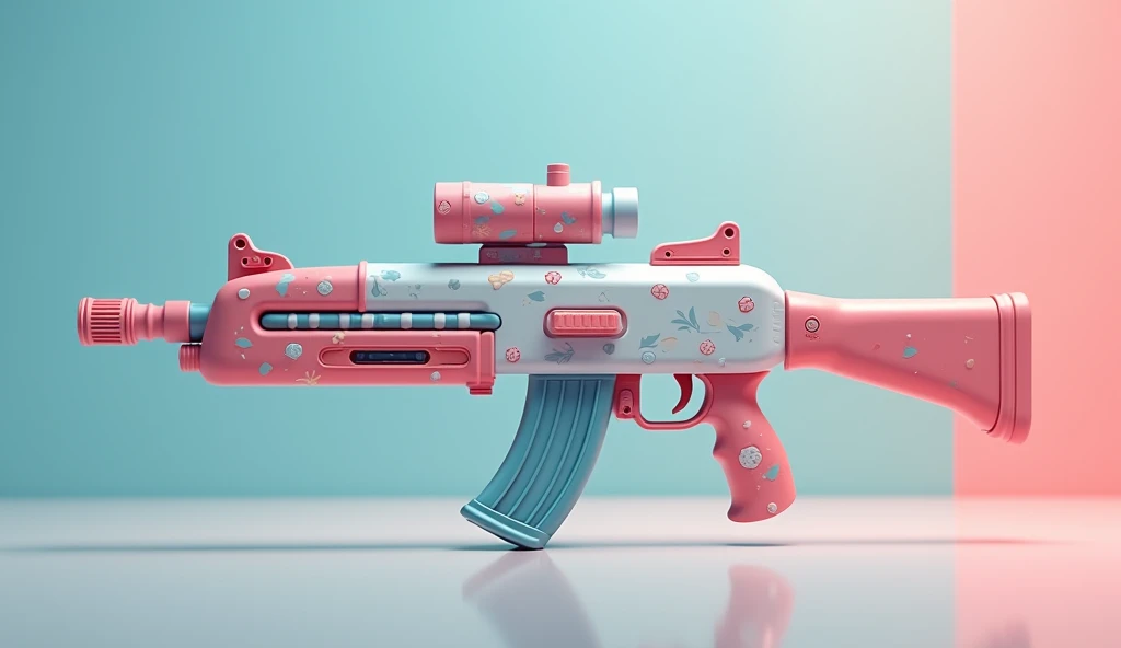 Mini double water gun toy，Integrated rifle mount，Q version，Cute pattern on the surface，Transparent magazine and scope recessed，(Similar structure to AK47)，(Double muzzle:1.3)，Smooth lines，Plastic material，Three-color Morandi color matching，high quality，Professional Product Photography，Table background，3d, OC Rendering，8K，
