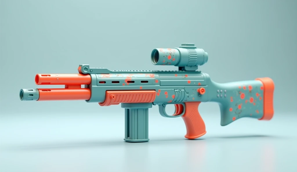 Mini double water gun toy，Integrated rifle mount，Q version，Cute pattern on the surface，Transparent magazine and scope recessed，(Similar structure to AK47)，(Double muzzle:1.3)，Smooth lines，Plastic material，Three-color Morandi color matching，high quality，Professional Product Photography，Table background，3d, OC Rendering，8K，