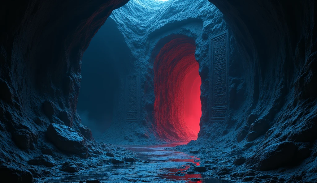(masterpiece), (best quality), (The finest details), (General view from a distance), (Main colors: Dark Blue), (Secondary Color: Red), A cave with spells carved on it，unmanned，magnificent，dark，Red glow，Chamber of Secrets，Sacrifice，chain，night, shadow (detailed, Strong contrast)，