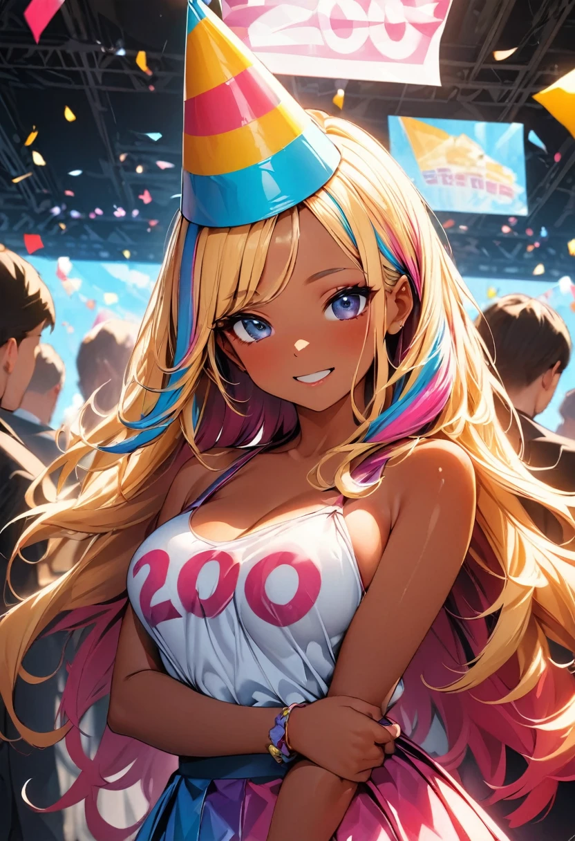 (highest quality:1.2, Very detailed, up to date, Vibrant, Ultra-high resolution, High Contrast, masterpiece:1.2, highest quality, Best aesthetics), Portraiture、girl、slim:1, Bright colors、Beautiful fine details、Beautiful lip detail、long hair, ((wavy hair:0.4))、messy hair, blonde and blue ((streaked hair:1.3)), highlights hair: 1.3, (medium breast:1), (tan skin:1.3), standing in party venue, holding big hand held sign (says "2000"\), colorful conical party hat, happy,