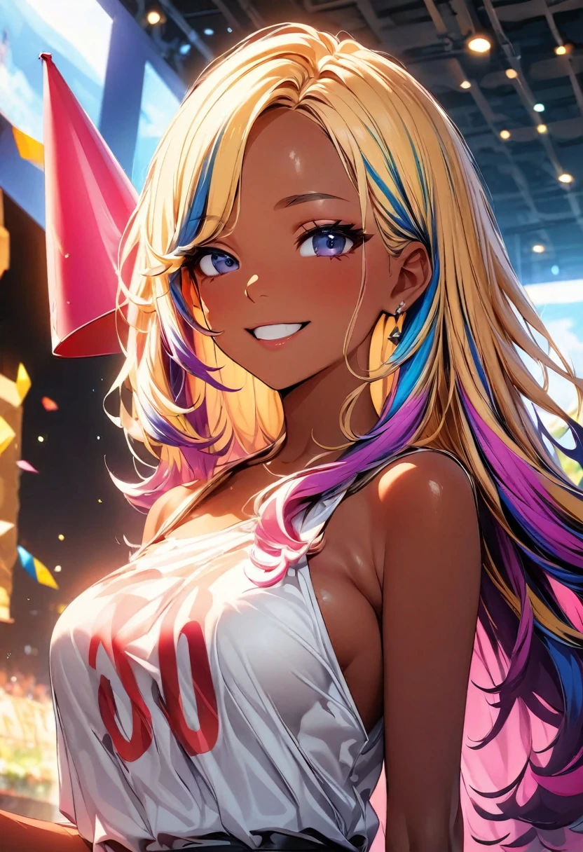 (highest quality:1.2, Very detailed, up to date, Vibrant, Ultra-high resolution, High Contrast, masterpiece:1.2, highest quality, Best aesthetics), Portraiture、girl、slim:1, Bright colors、Beautiful fine details、Beautiful lip detail、long hair, ((wavy hair:0.4))、messy hair, blonde and blue ((streaked hair:1.3)), highlights hair: 1.3, (medium breast:1), (tan skin:1.3), standing in party venue, holding big hand held sign (says "2000"\), colorful conical party hat, (happy:1)