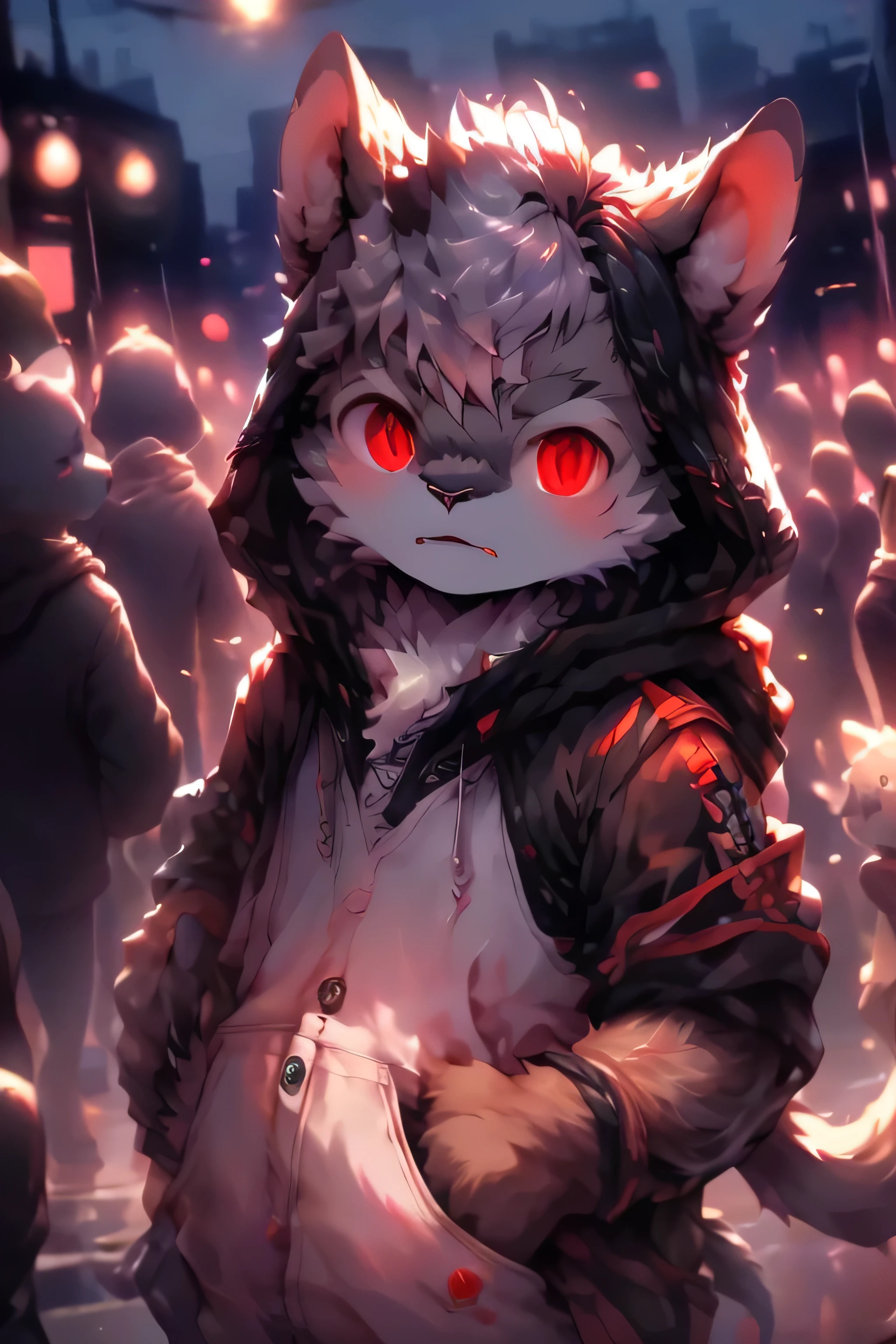 (hairy:1.2),(deep gray hairy cat,Red Eyes,Black Hoodie, Boys, Handsome:1.2),(masterpiece,Delicate eyes, Delicate face,high quality, Absurd answer,Beast field:1.2),(Random Background, Crowded open air city street, Randomly facing the camera, indifferent, scene,Light space)
