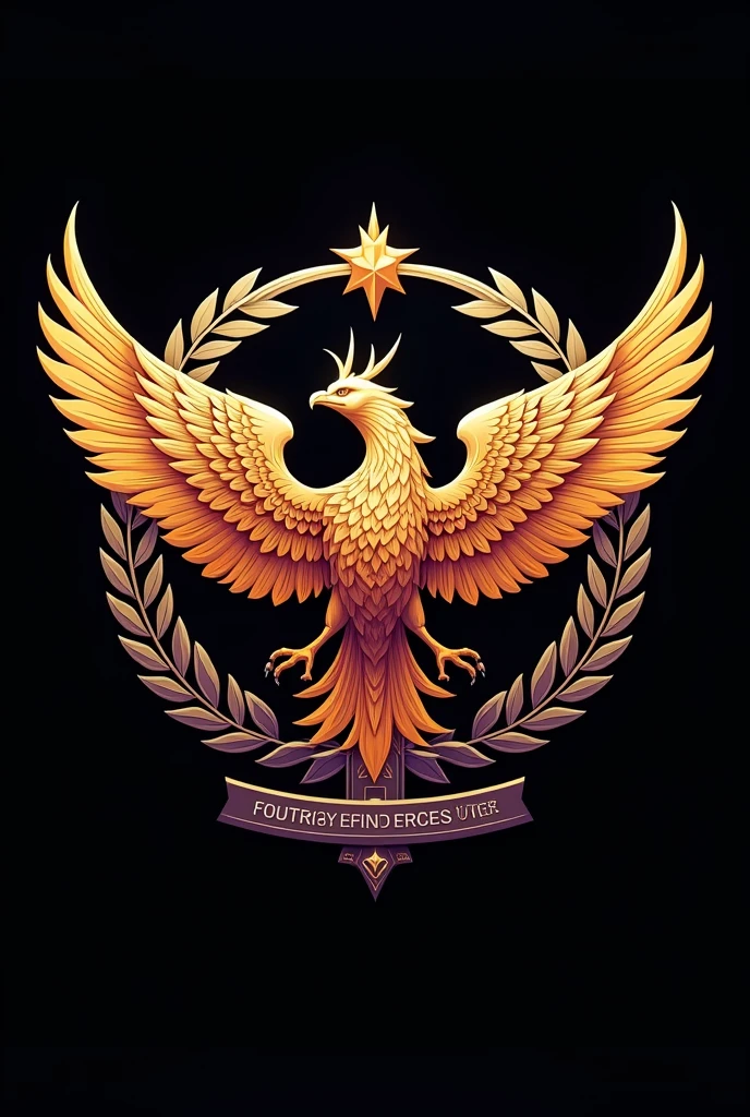 Neo-imperial style Aerospace Force crest insignia, HD art,HD vector, Vector Illustration. Military Insignia .Black background. Plain background. Vector PNG. Flying Phoenix Mascot. Phoenix Motif. Stylized phoenix inside shield.Air and space force emblem. High quality Crest. Surrounded With Laurel Wreaths. Intricate designs. Elements of Air and space warfare. Intricate Title ribbon matching with the aesthetics