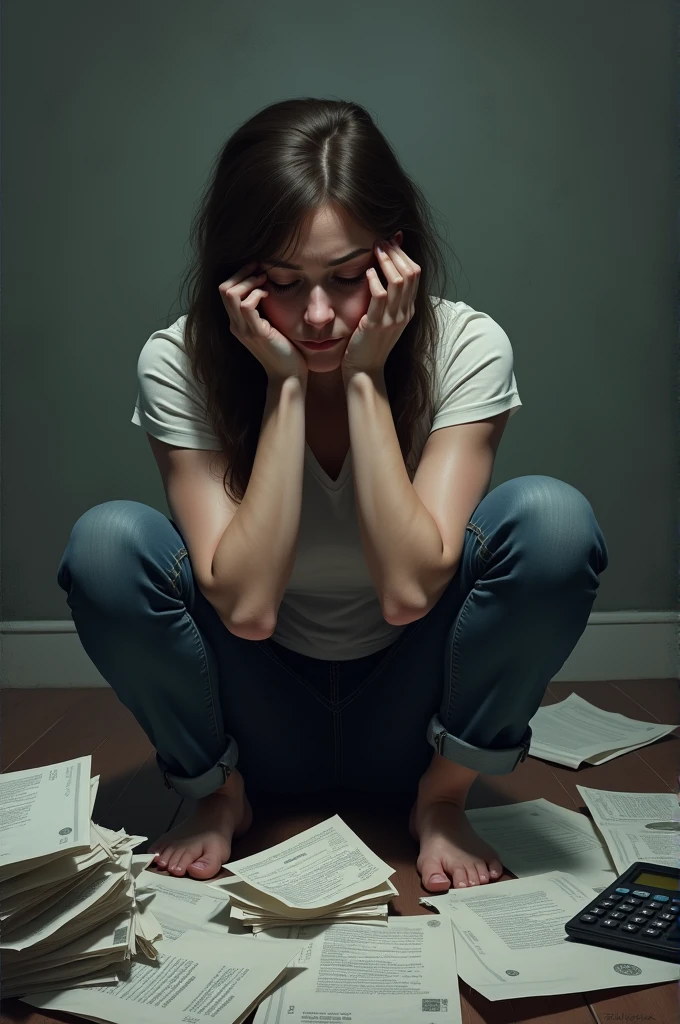 make me an ai art about female hardship where she is in debt