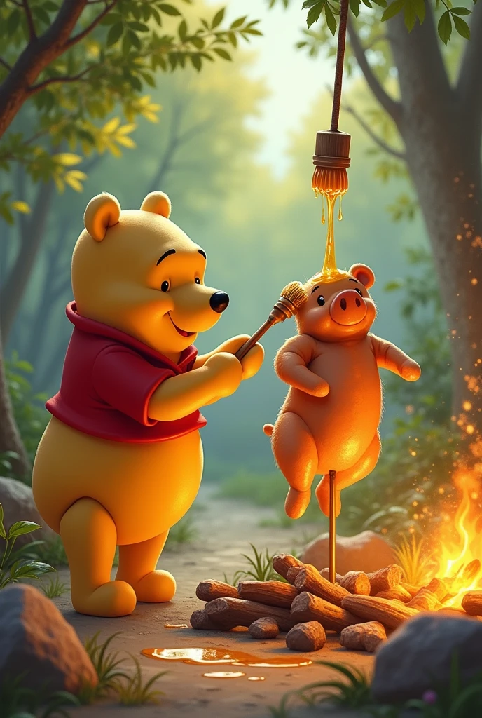 
piglet cooking on a spit with Winnie the Pooh brushing it with honey