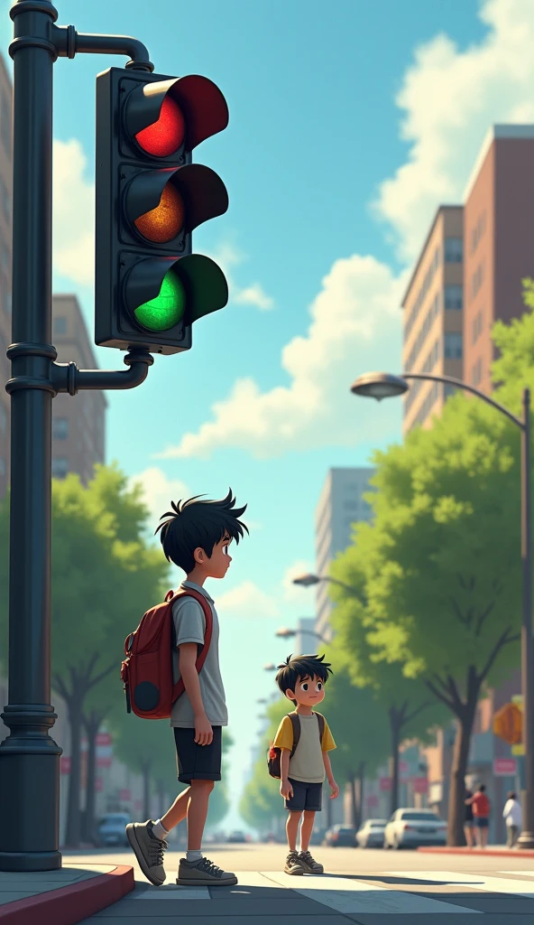One day, a special traffic light(Tim) noticed a boy named Max walking home from school, looking sad and distracted.Even when the light turned green, Max didn't cross the street.